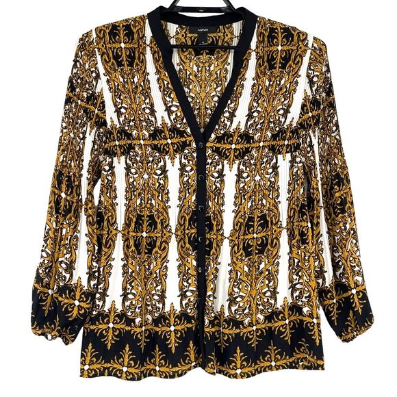Alfani Pleated Button Womens Shirt Sz 16 Y2K Mob wife Baroque Elegant Gold Bold - Picture 1 of 8